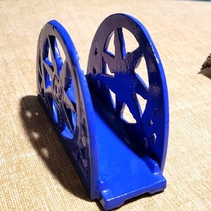 Cobalt Blue Enamel Cast Iron Enamelware Napkin Holder Aztec Sun Celestial Design